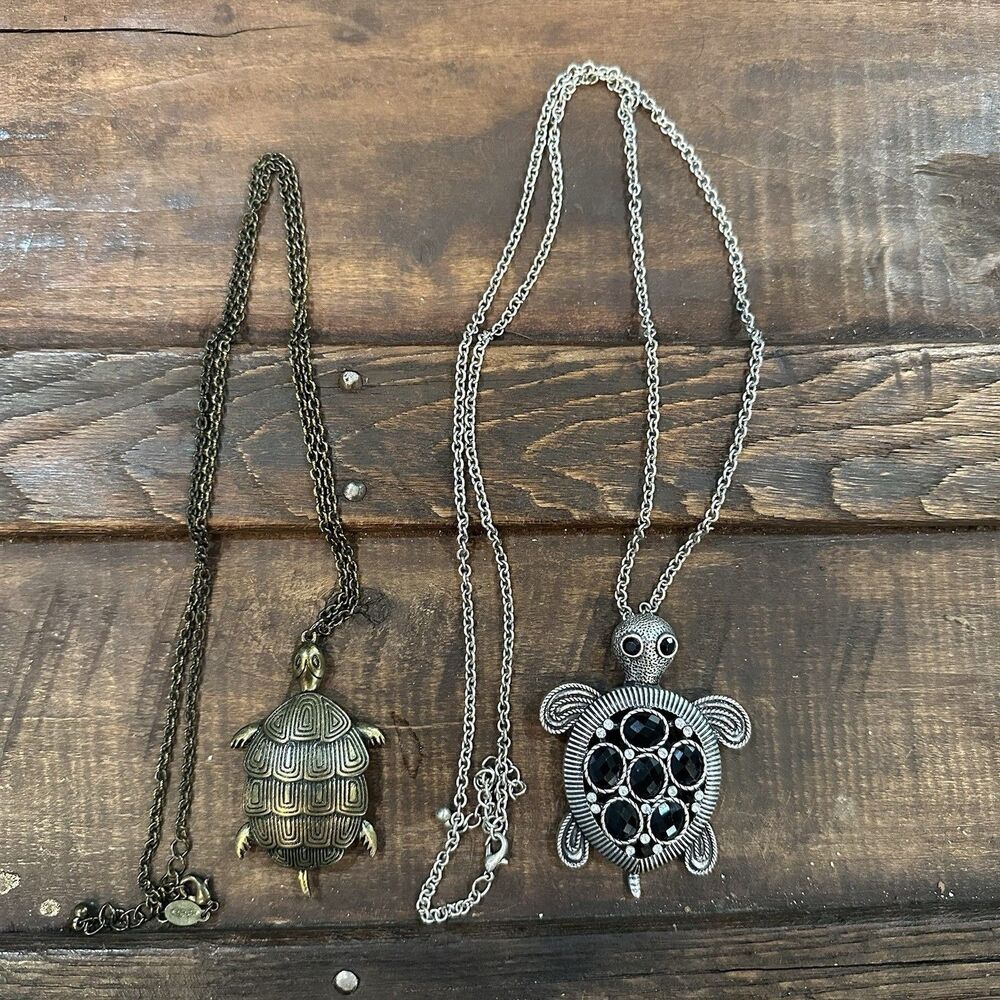 Turtle necklace with long chains pendants costume jewelry lot of 2